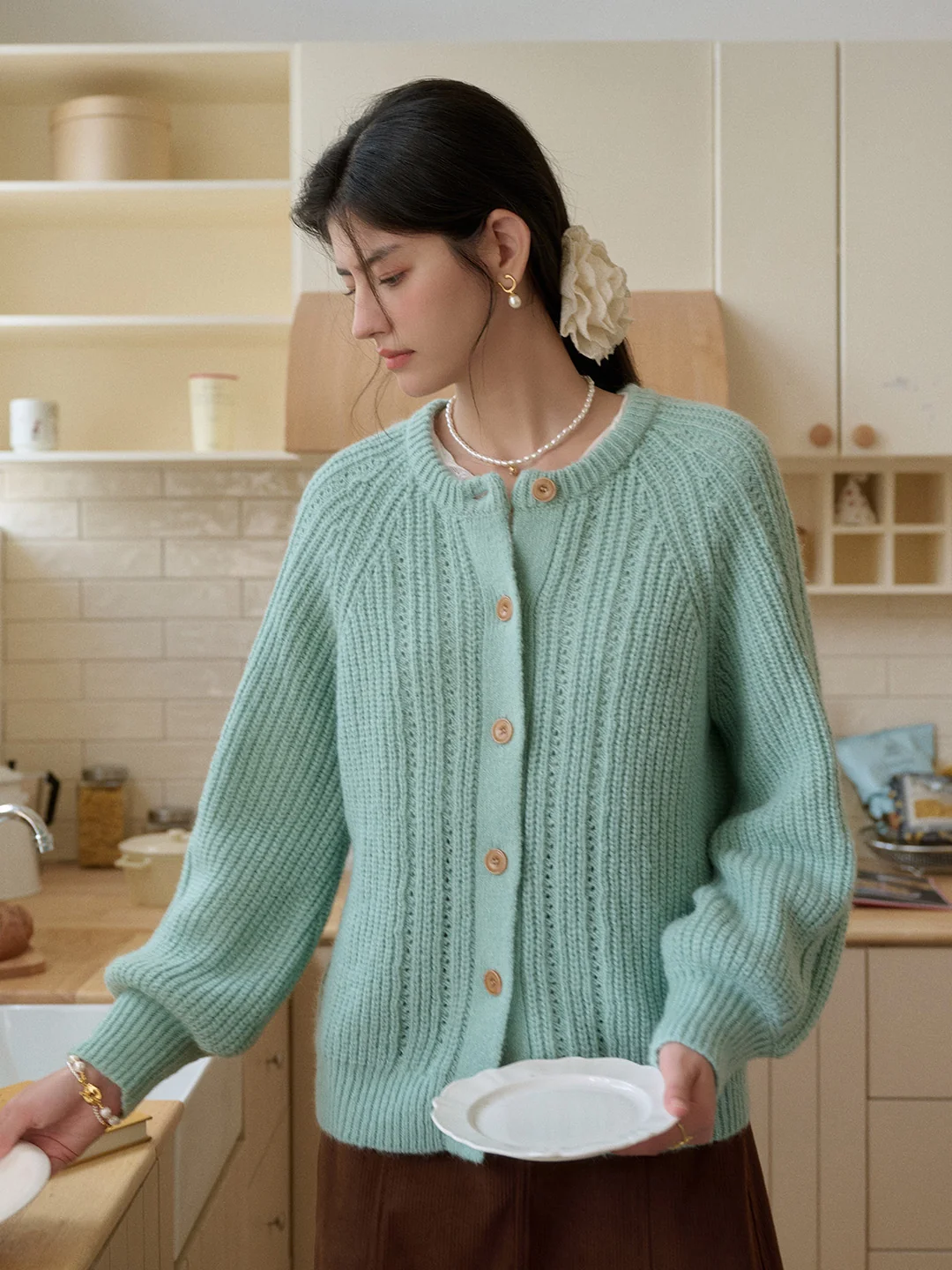 Destiny Round Neck Ribbed Wool Cardigan