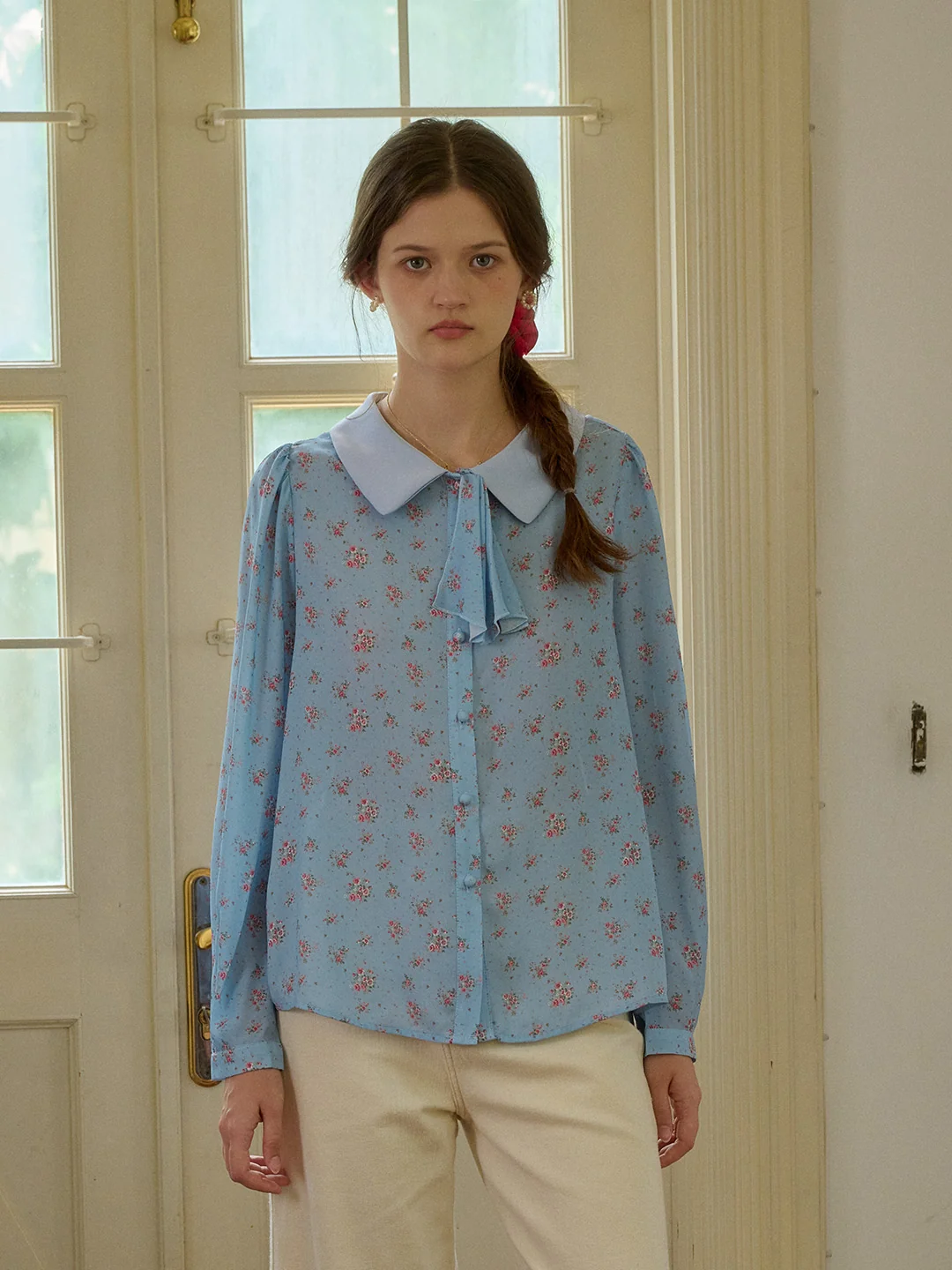 【Final Sale】Alexis Long Sleeve Patchwork Peter Pan Collar Embroidery Casual Blouse - Blue