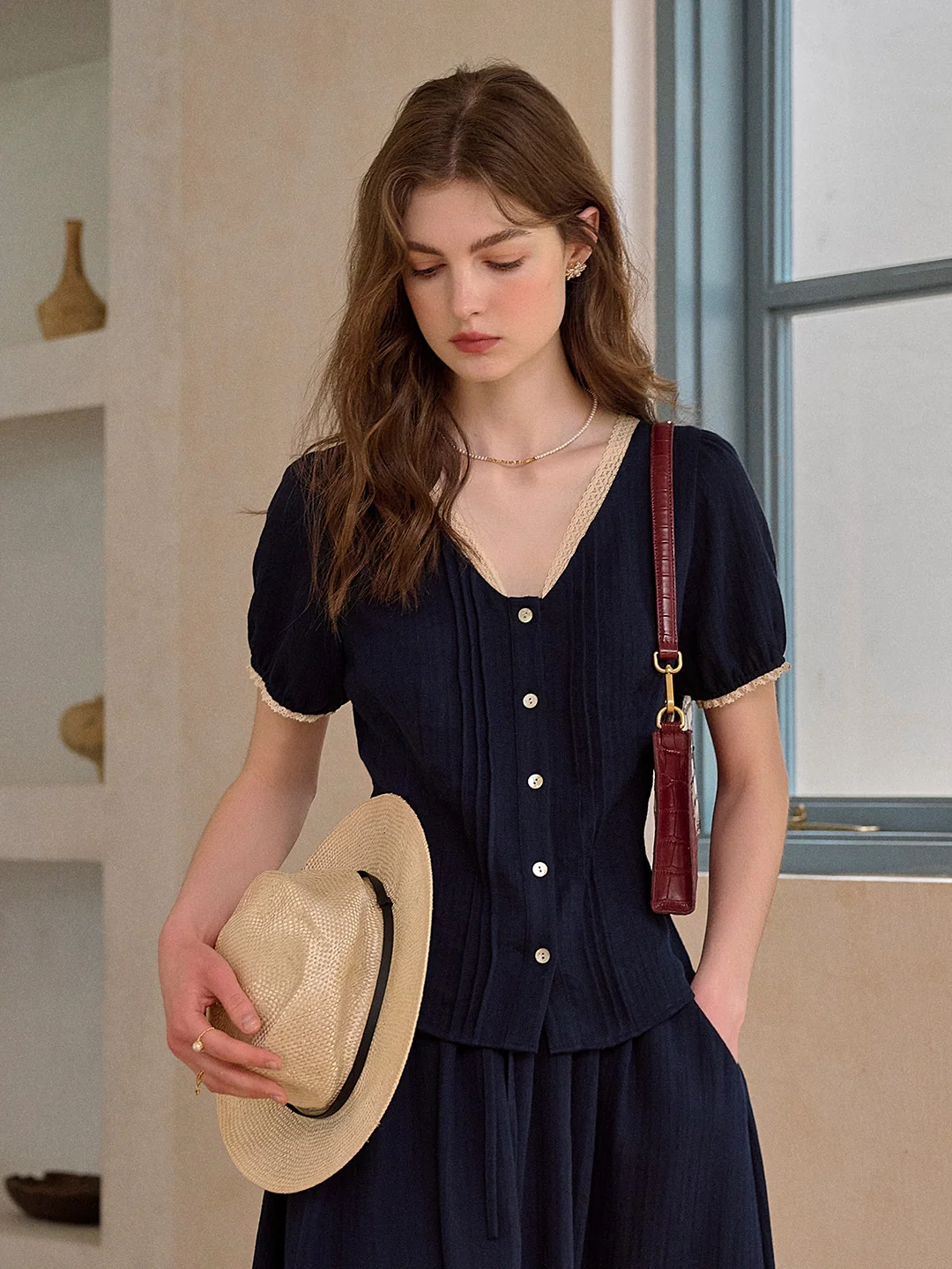Madelyn V-Neck Lace Linen Top
