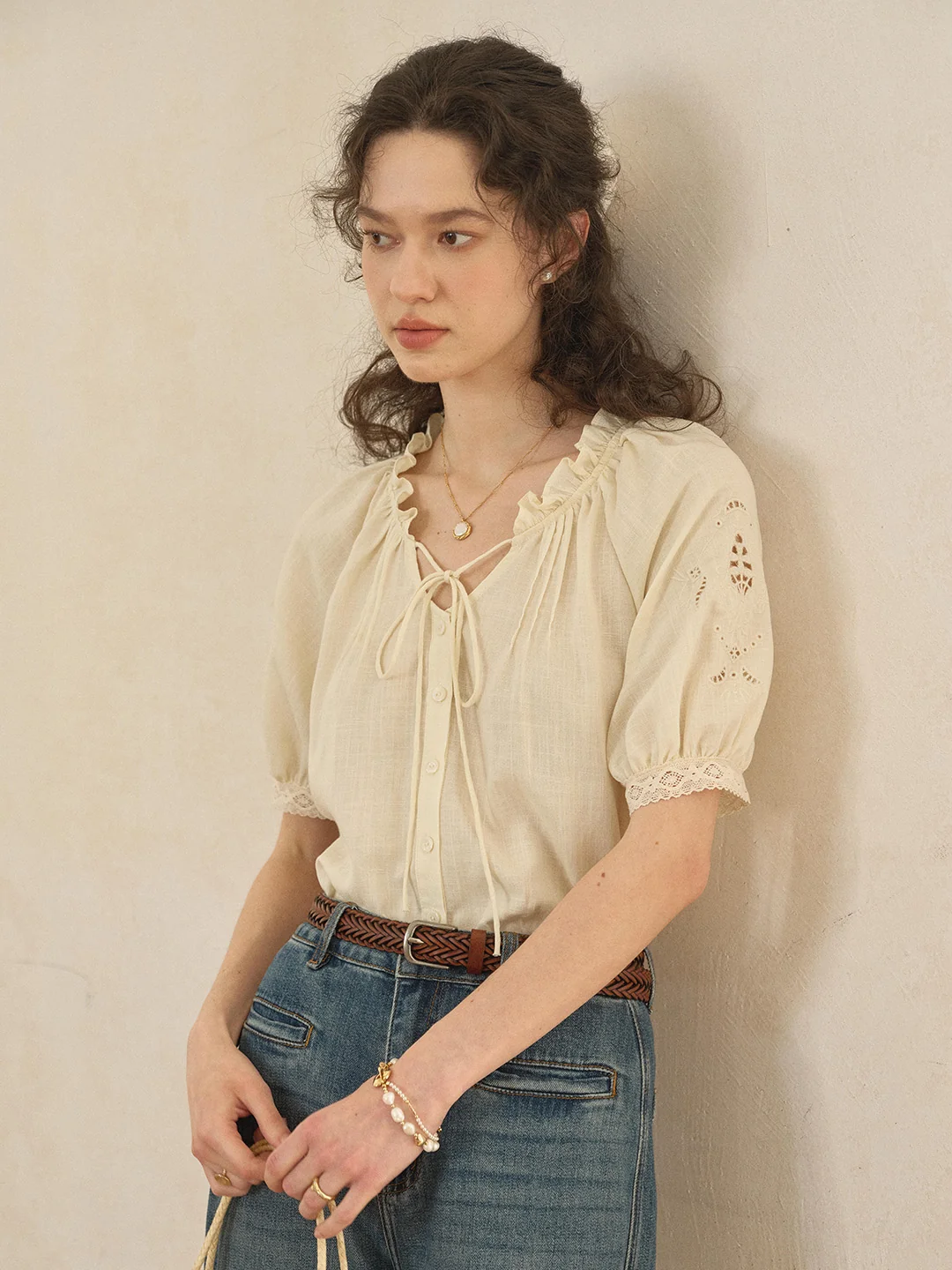 Fatima Ruffle Collar Puff Sleeve Linen Blouse
