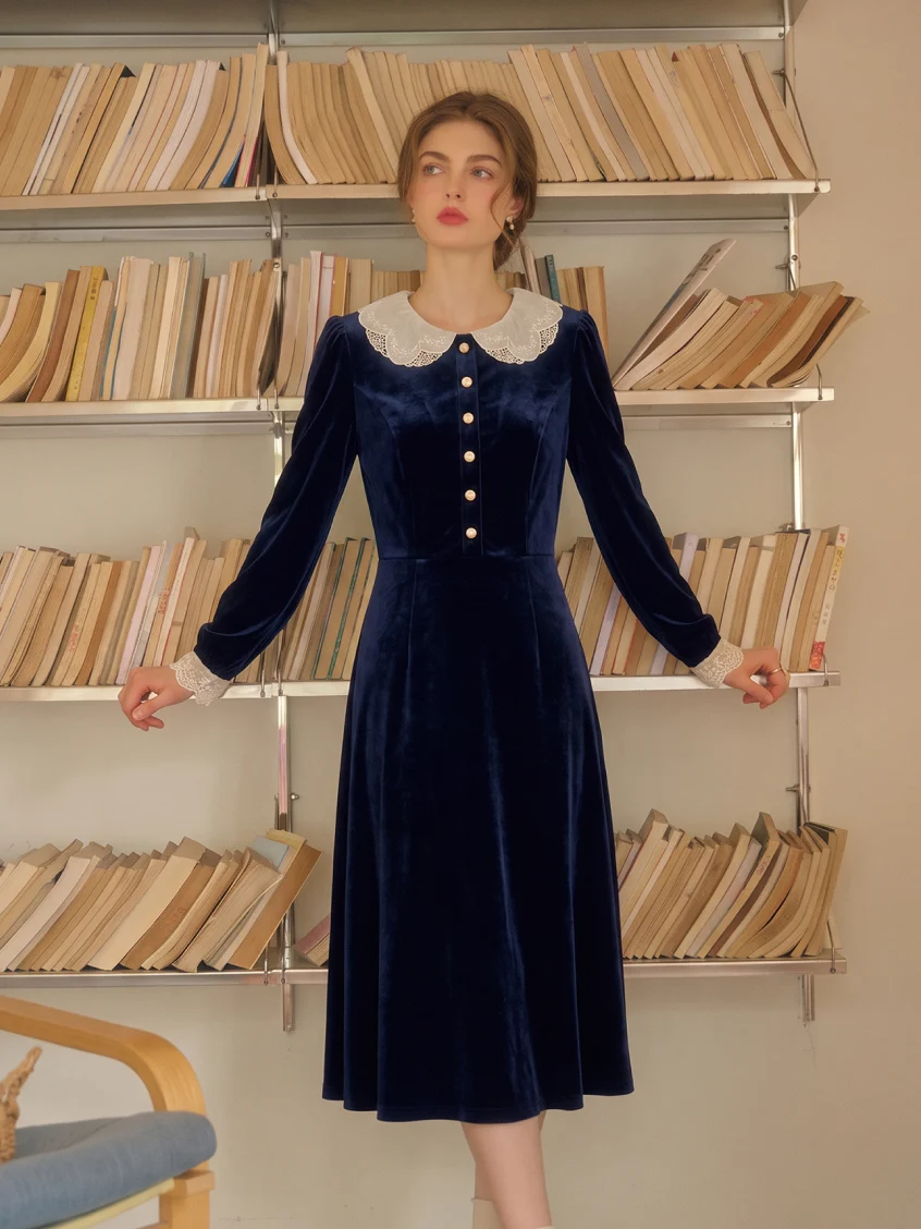 Azucena Lace-Collar Gold-Button Velvet Dress