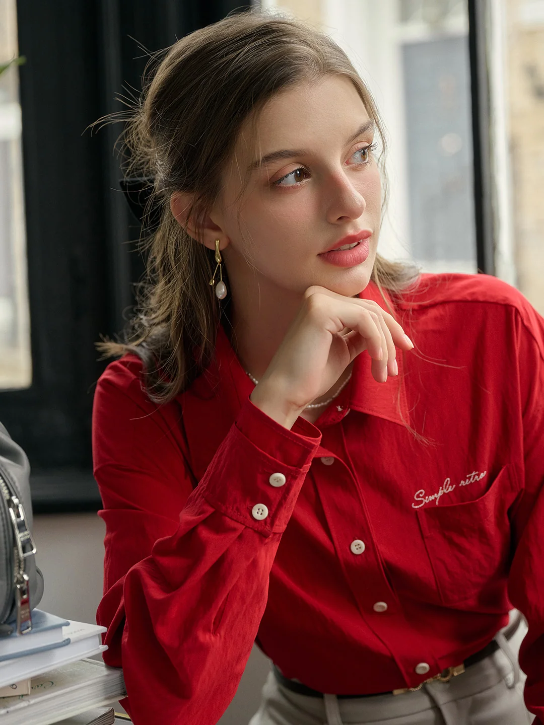 Estrella Classic Lapel Contrast SR Logo Embroidered Pocket Shirt - Red