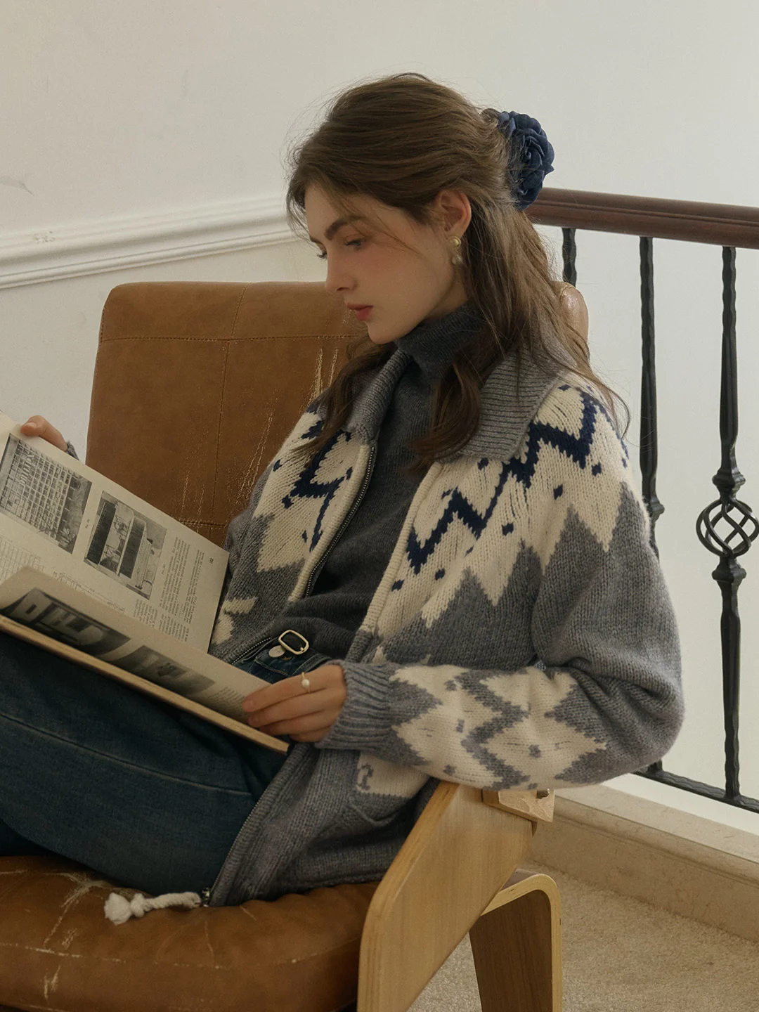 Ailany Notched Collar Fair Isle Double Zipper Wool Cardigan
