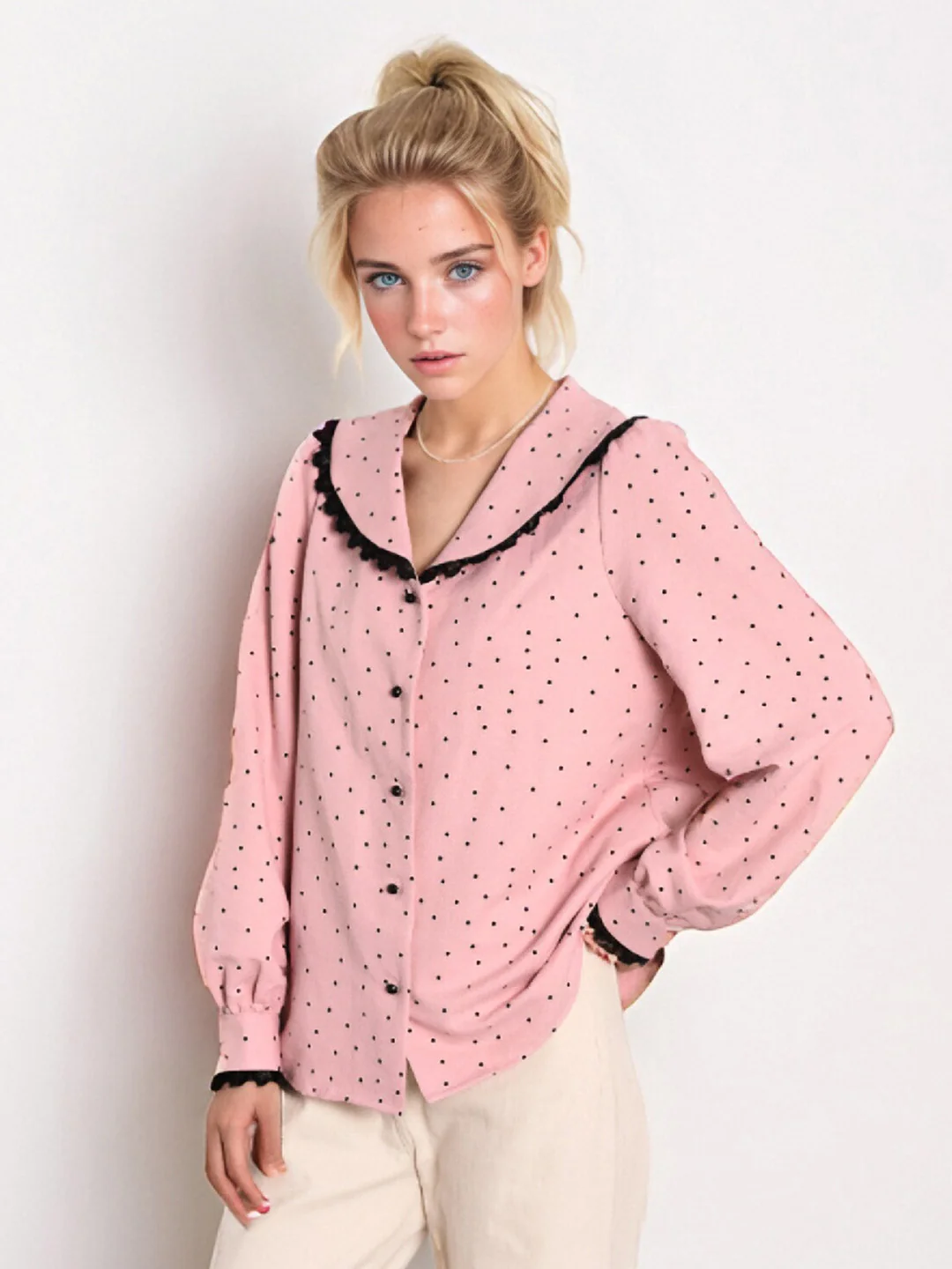 【Final Sale】Ophelia Retro V-Neck Dots Blouse