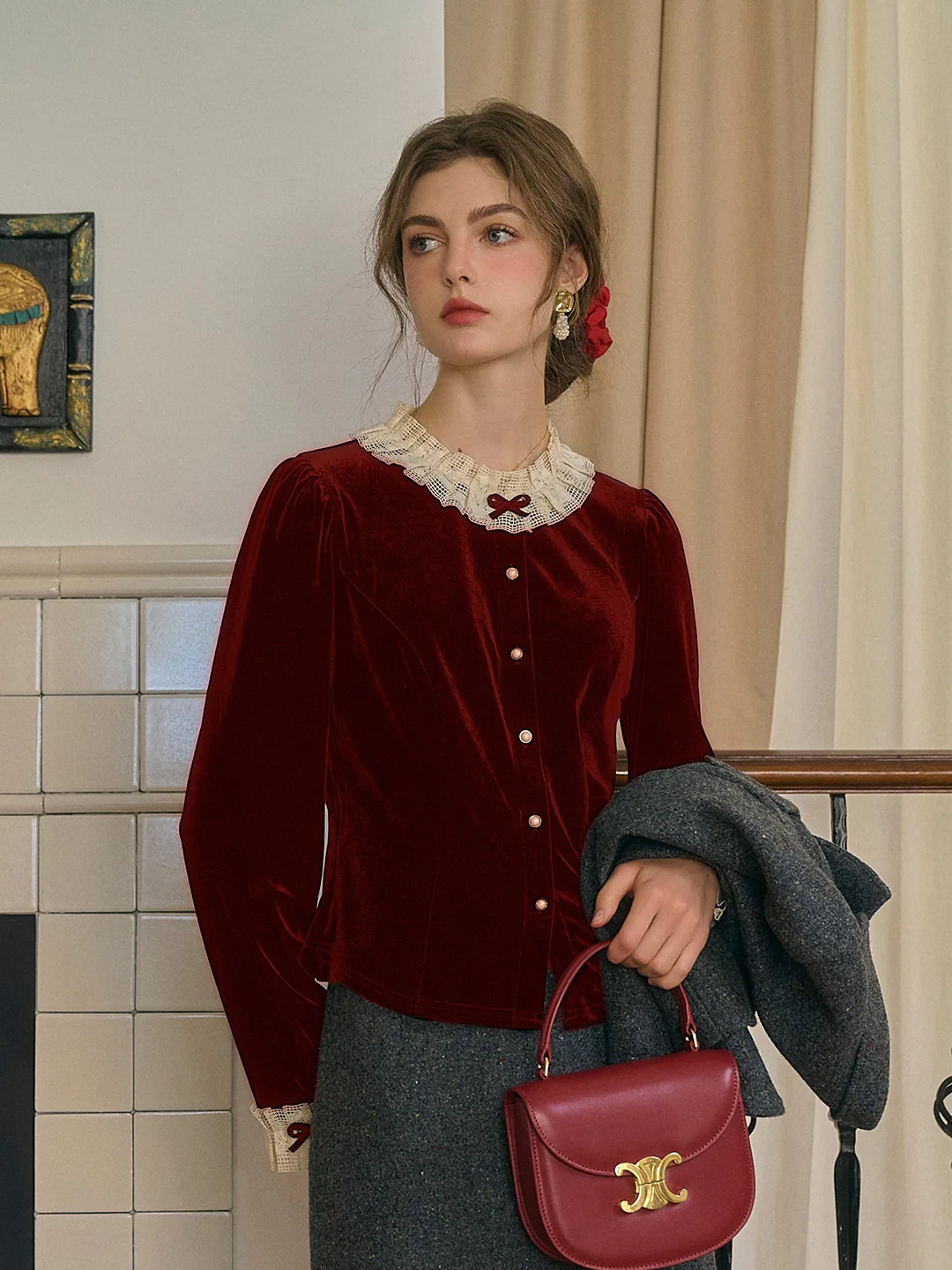 Azaria Round Collar Contrasting Lace Panel Bow Velvet Top