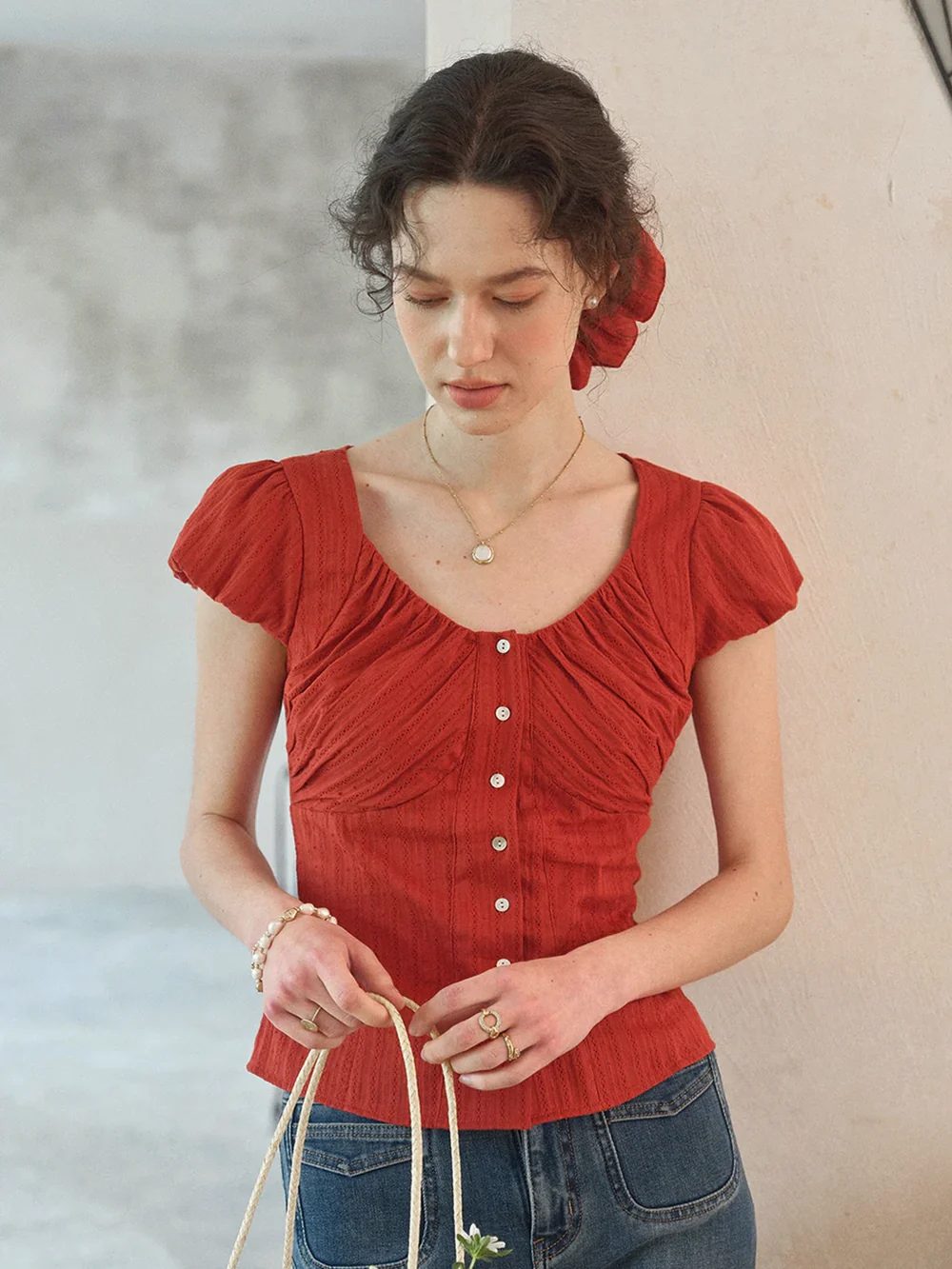 Lacey Round Neck Waist 100% Cotton Blouse