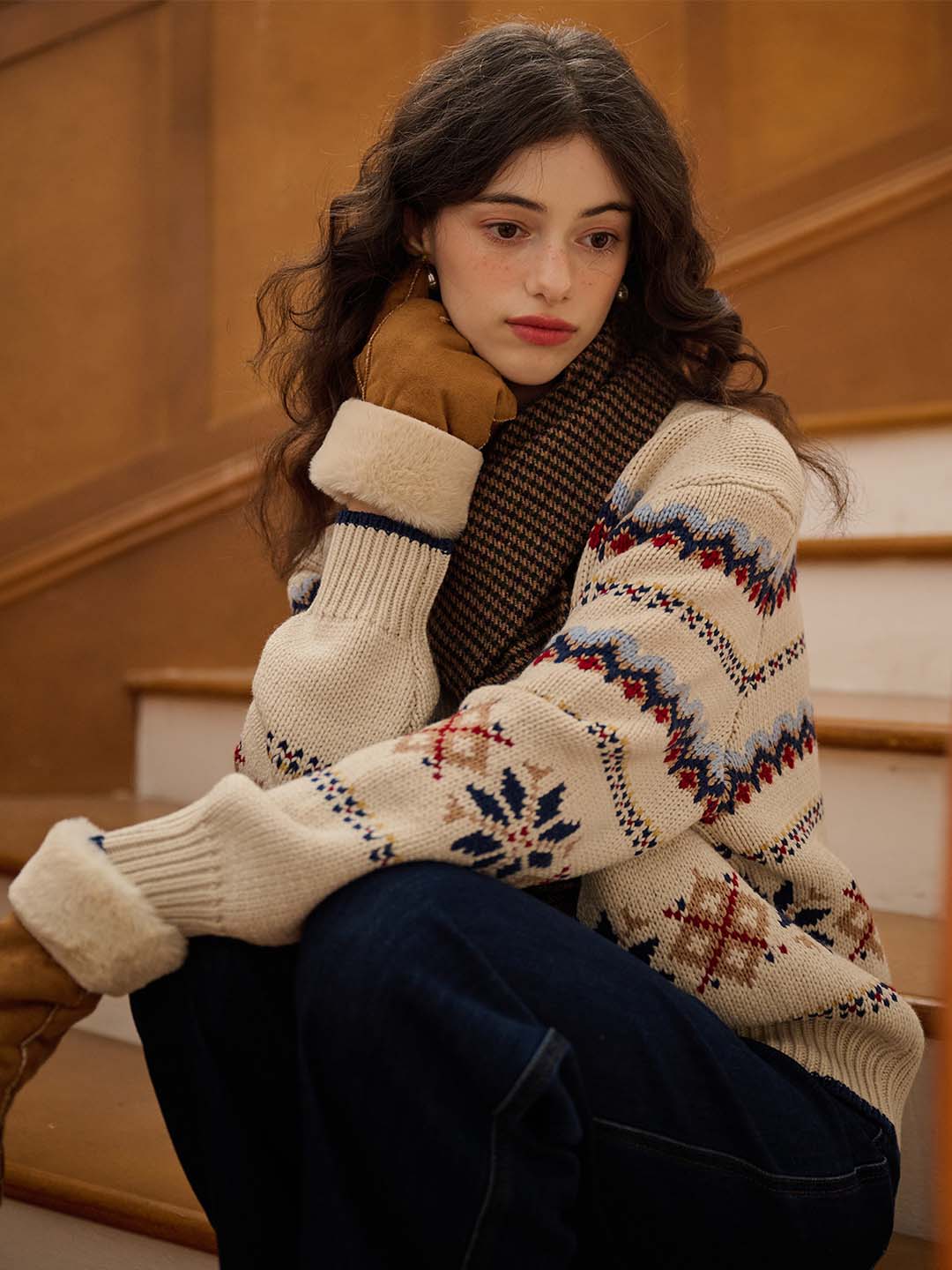 Melanie Ribbed Crew Neck Fair Isle Geometric Sweater