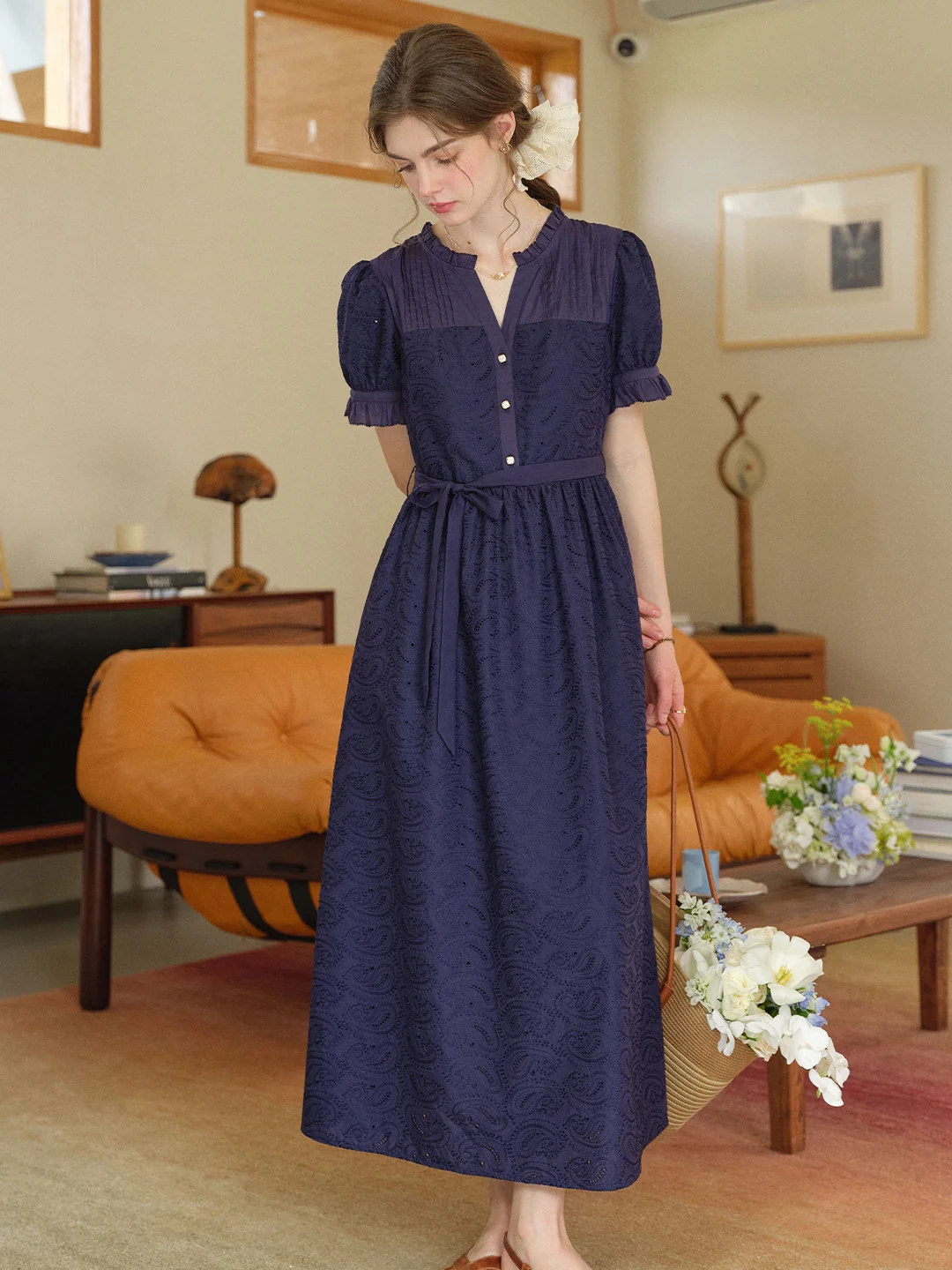 Aitana Rose Embroidered V-neck Puff Sleeve Lace Cotton Dress