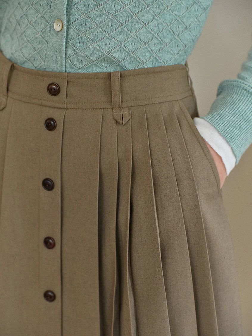 Clare High-Waist Button-Front Pleated A-Line Midi Skirt