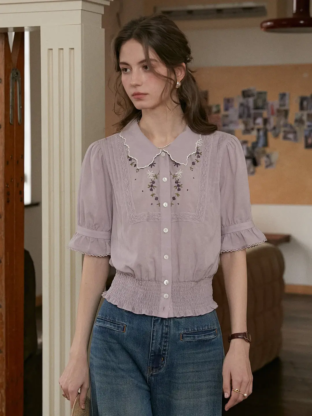 Sarahi Peter Pan Collar Embroidered Linen Blouse