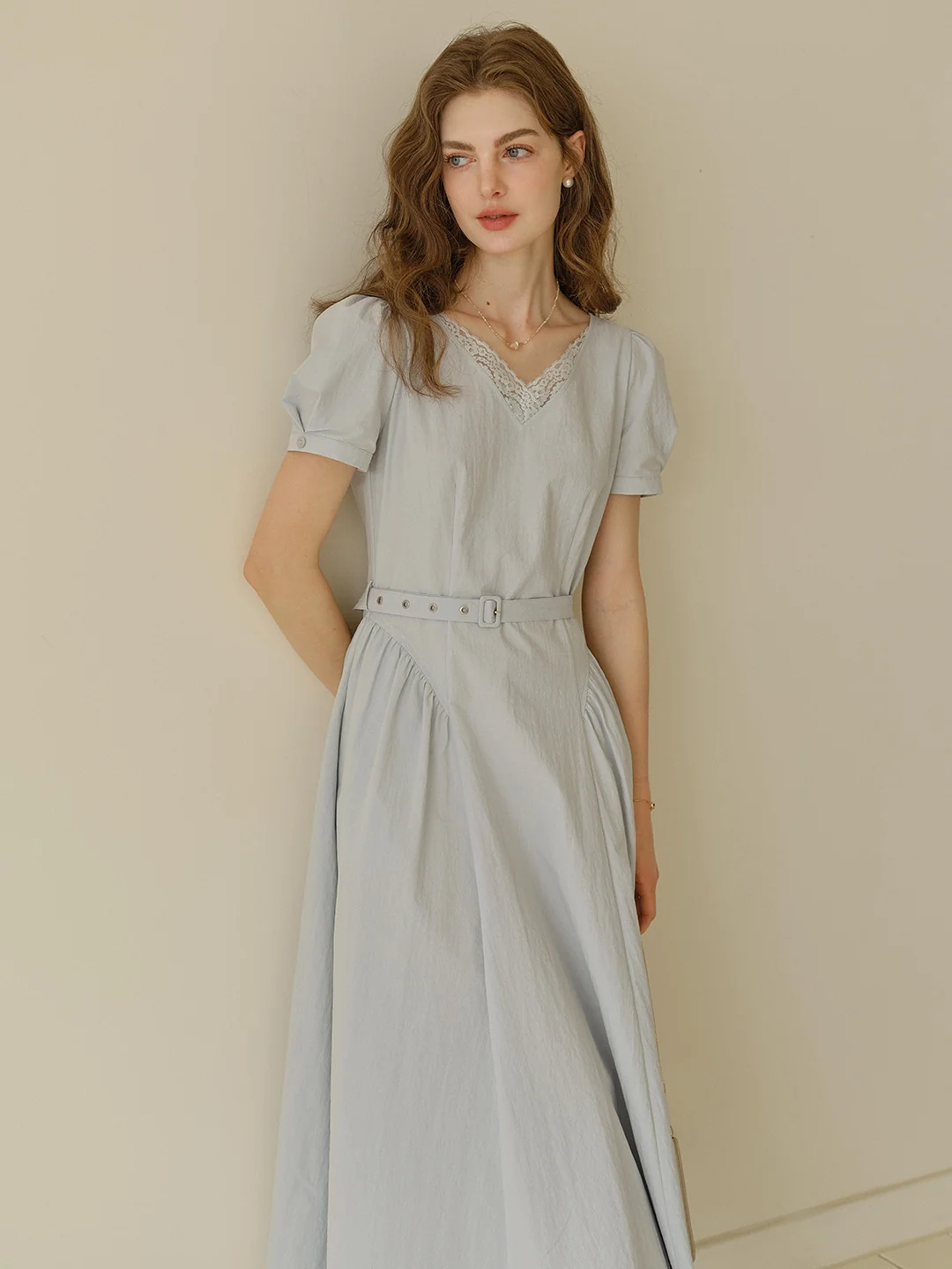 Juno V-Neck Lace Belted Waist Cotton Dress