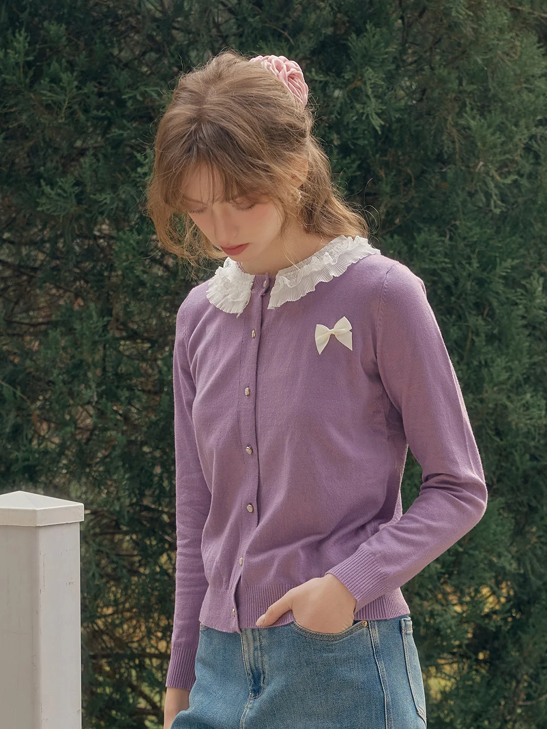 【Final Sale】Ruby Lace Lapel Contrasting Bow Cardigan - Purple