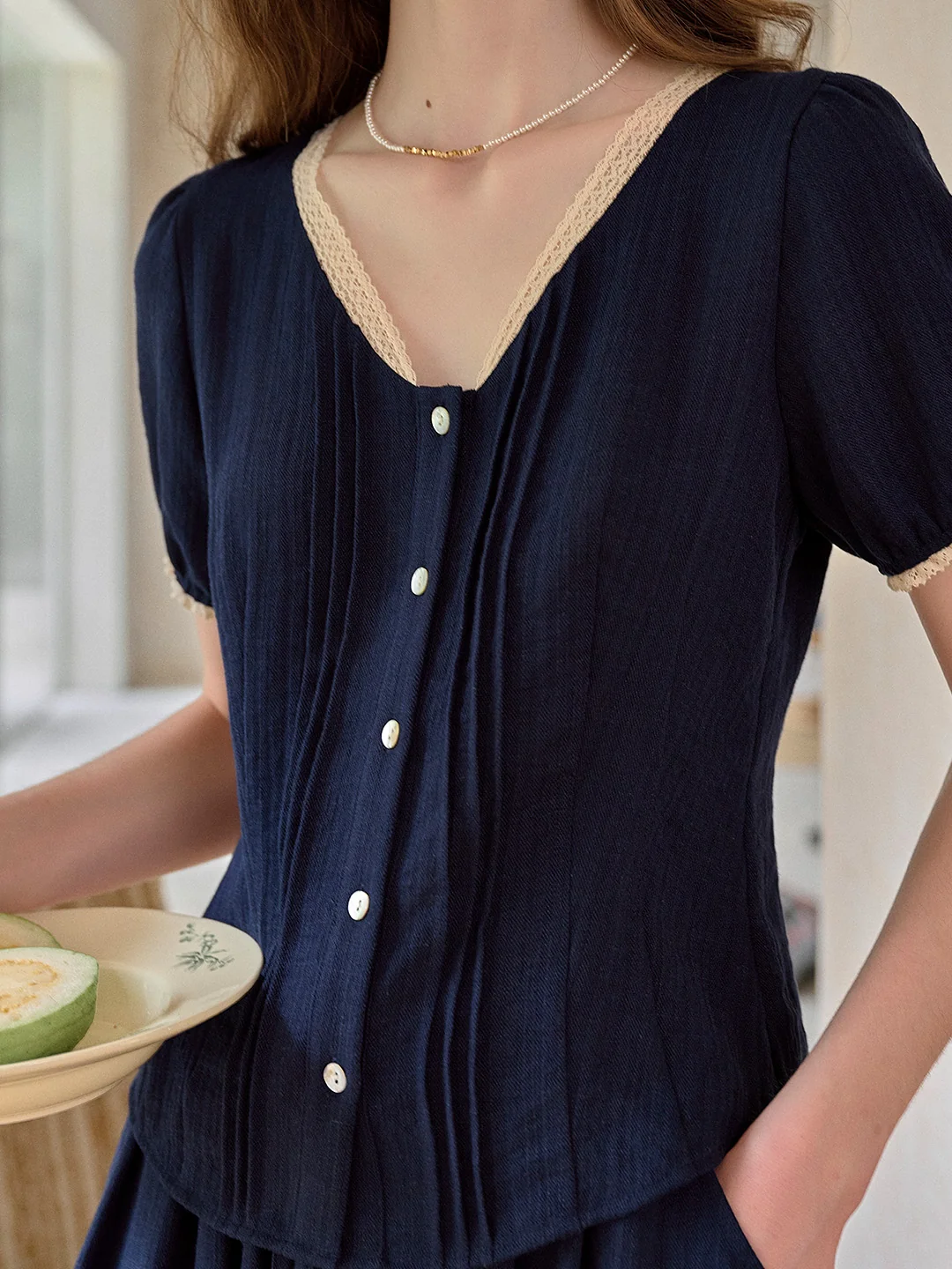 Madelyn V-Neck Lace Linen Top
