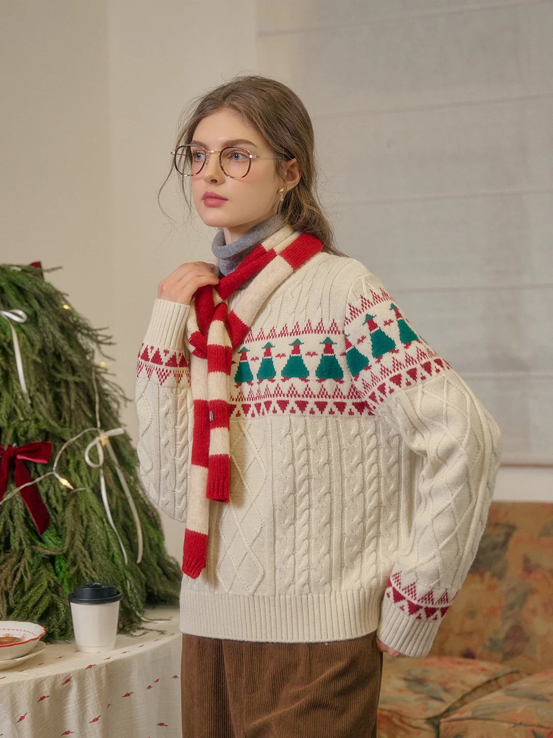 【Final Sale】Charlize Fair Isle Ribbed Round Neck Christmas Wool Sweater