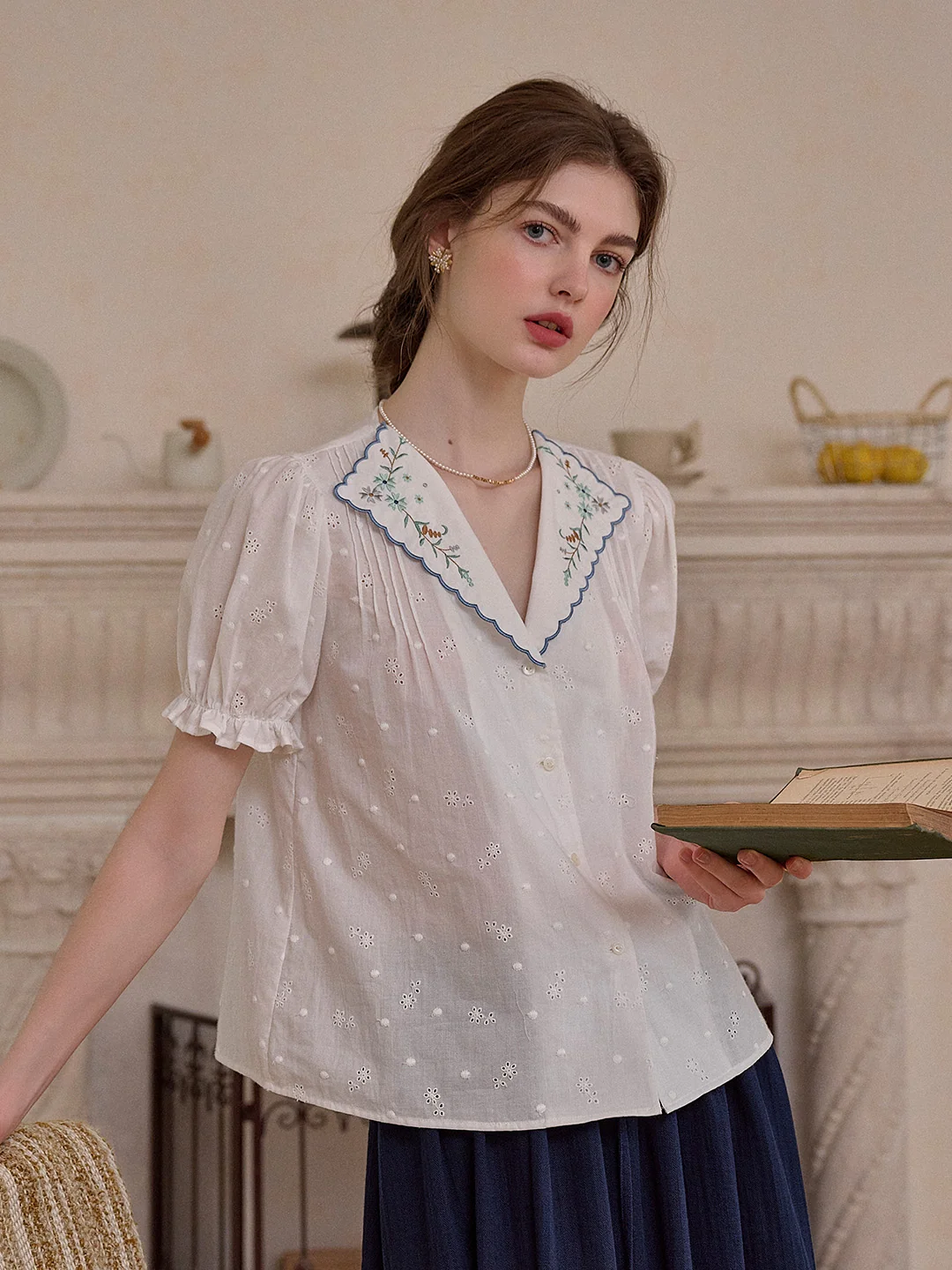Lainey V-Neck Embroidery 100% Cotton Blouse