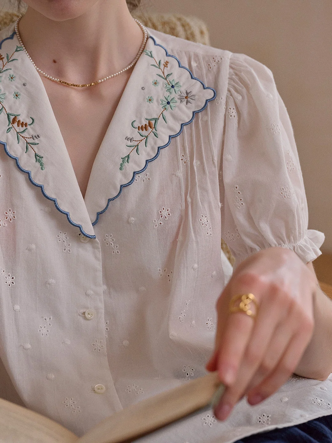 Lainey V-Neck Embroidery 100% Cotton Blouse