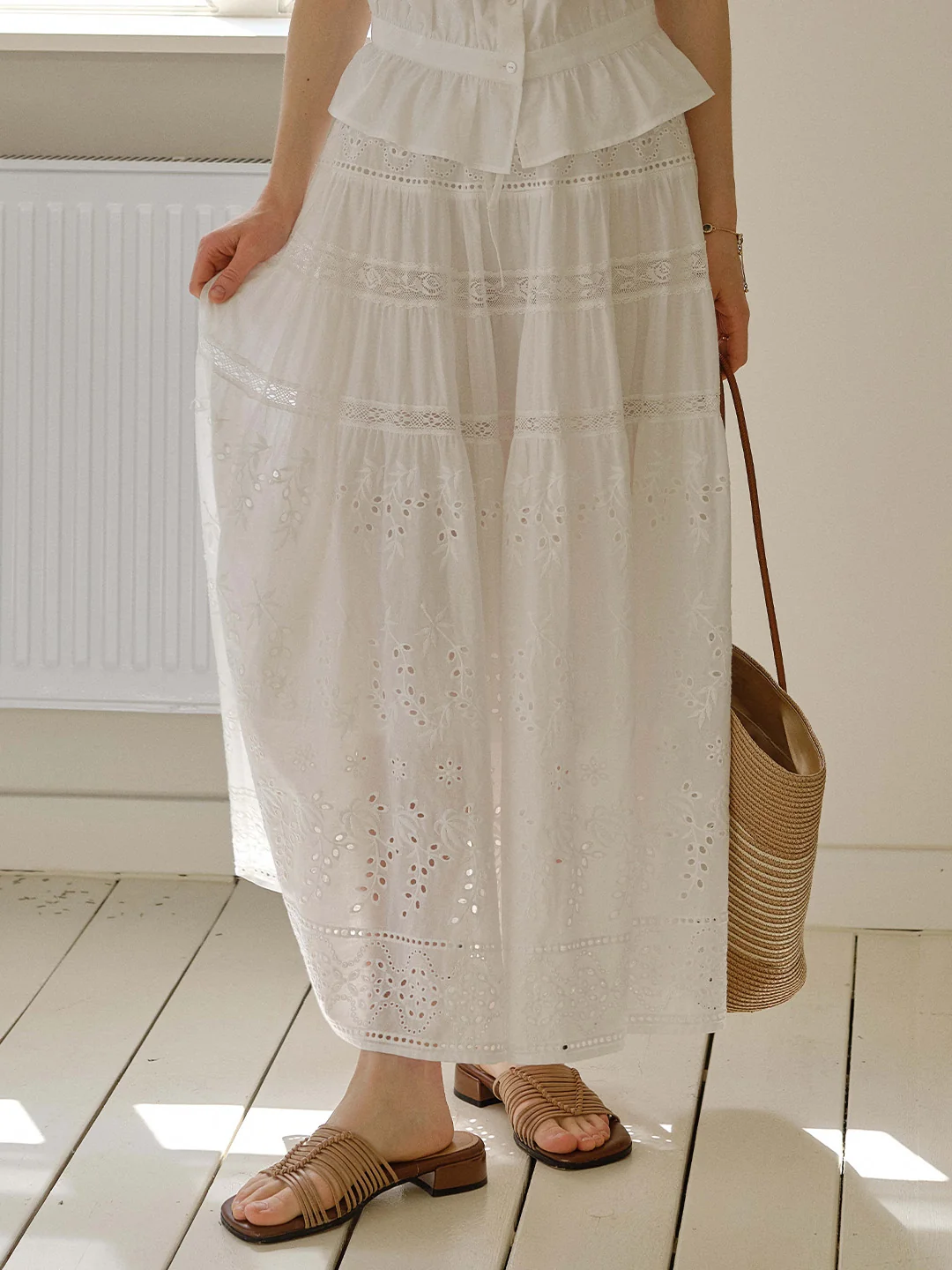 Samara Hollow Lace Embroidered 100% Cotton Skirt