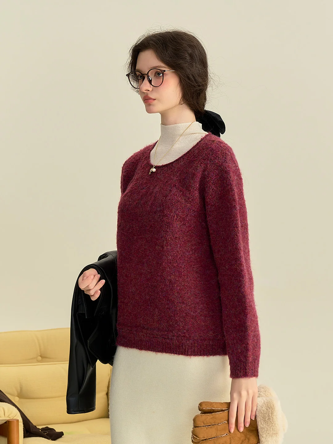 Aspyn Classic Round Neck Knitted Wool Sweater - Dark Red