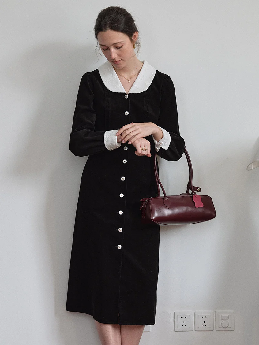 Aine Peter-Pan Collar Contrast-Cuff Button-Front Dress