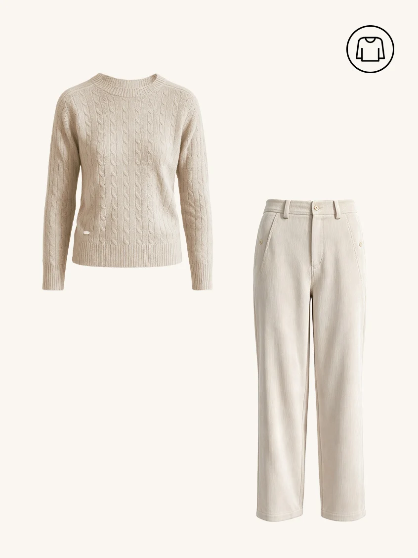 2Pcs Set Shay Cable-Knit Lightweight Wool-Cashmere Sweater&Ghislaine High-Waisted Wide-Leg Trousers