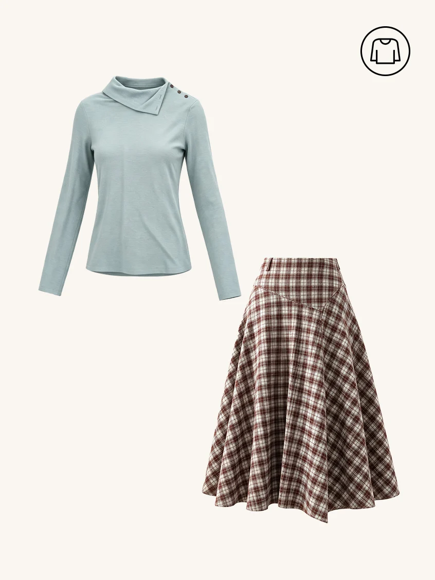 2Pcs Set Janina Draped Collar Slim-Fit Ruched Top&Varvara 100% Cotton Irregular-Hem Plaid Midi Skirt