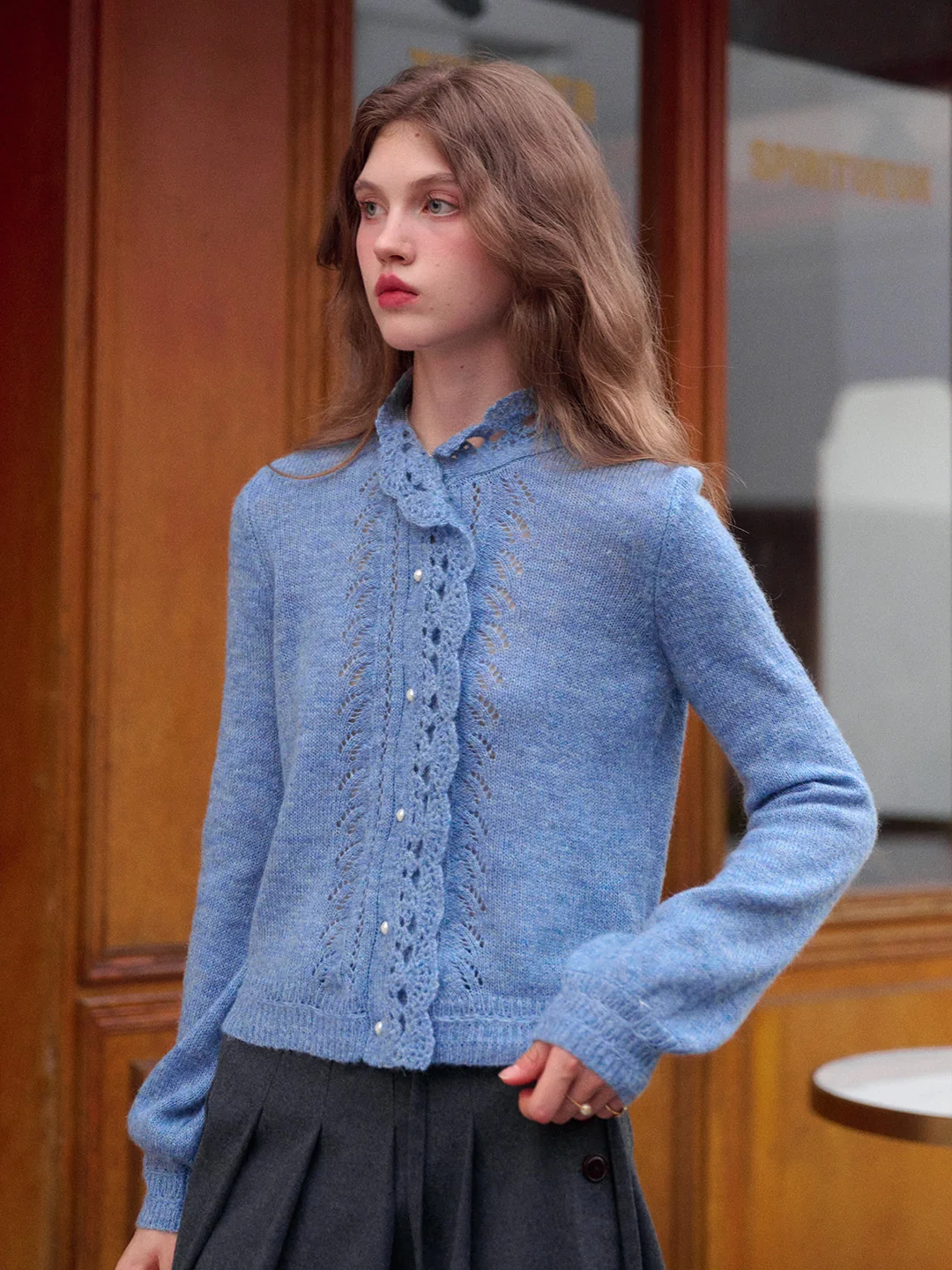 Lauren Wavy Collar Hollow Knit Cardigan