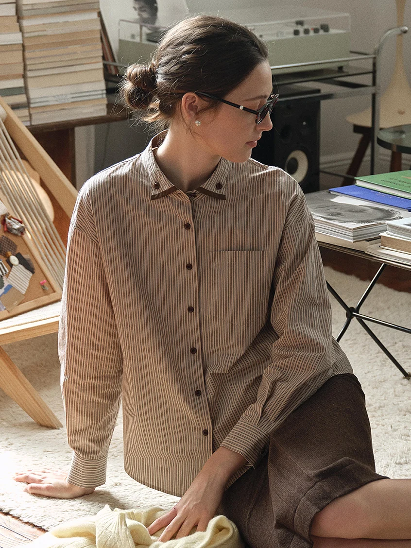 Aine 100%Cotton Contrast-Trim Pinstripe Shirt