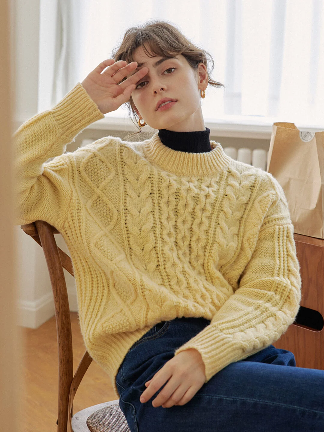【Final Sale】Raina Cable Yellow Irish Knit Wool Sweater